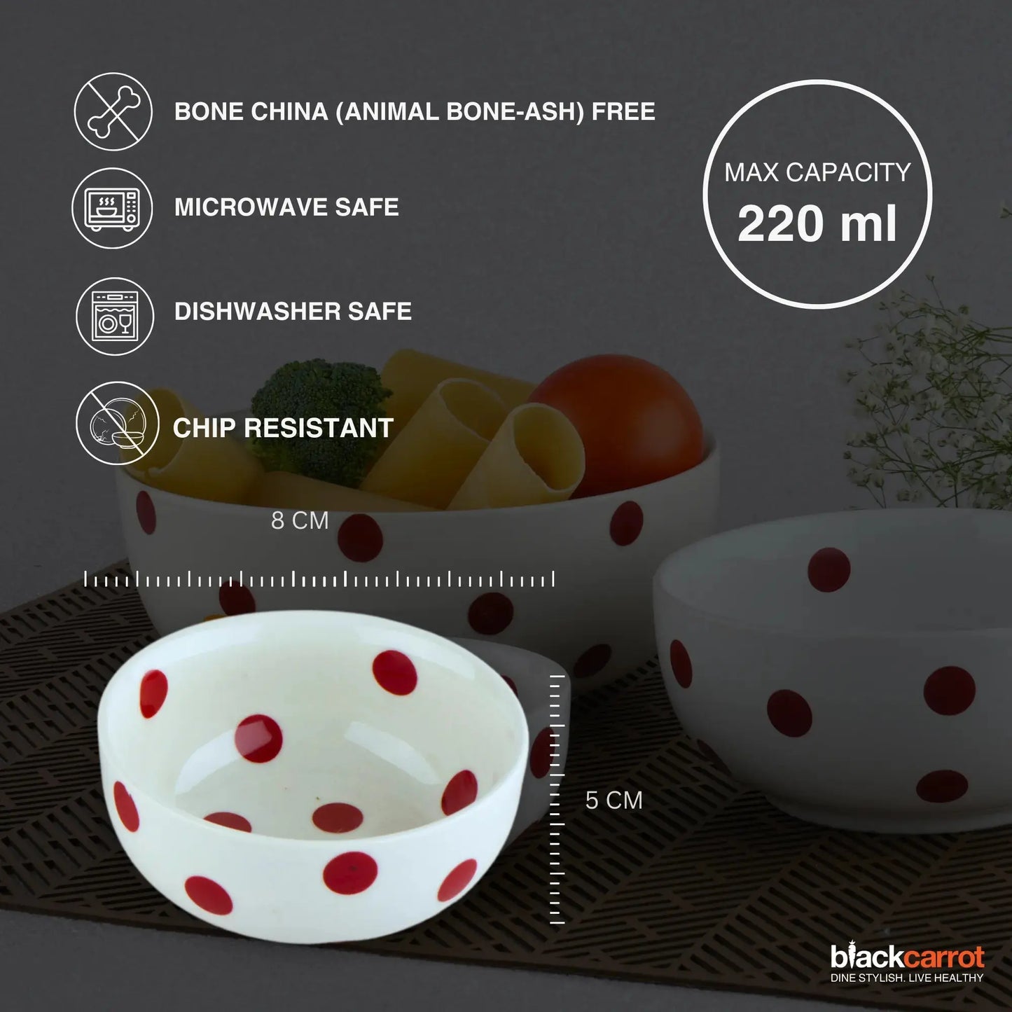 Premium Porcelain White Polka Small Bowls Set of 6 BlackCarrot