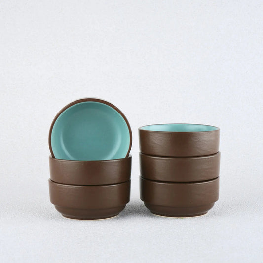 Premium Stoneware Brown & Blue Small Bowls Set of 6 BlackCarrot