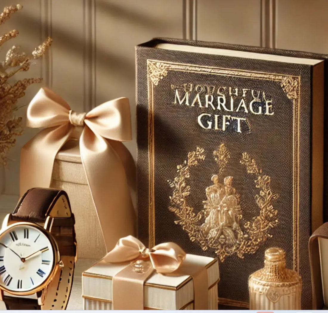 elegant wedding and anniversary gift items including a book titled "Thoughtful Marriage Gift", a wristwatch, and satin-wrapped gift boxes