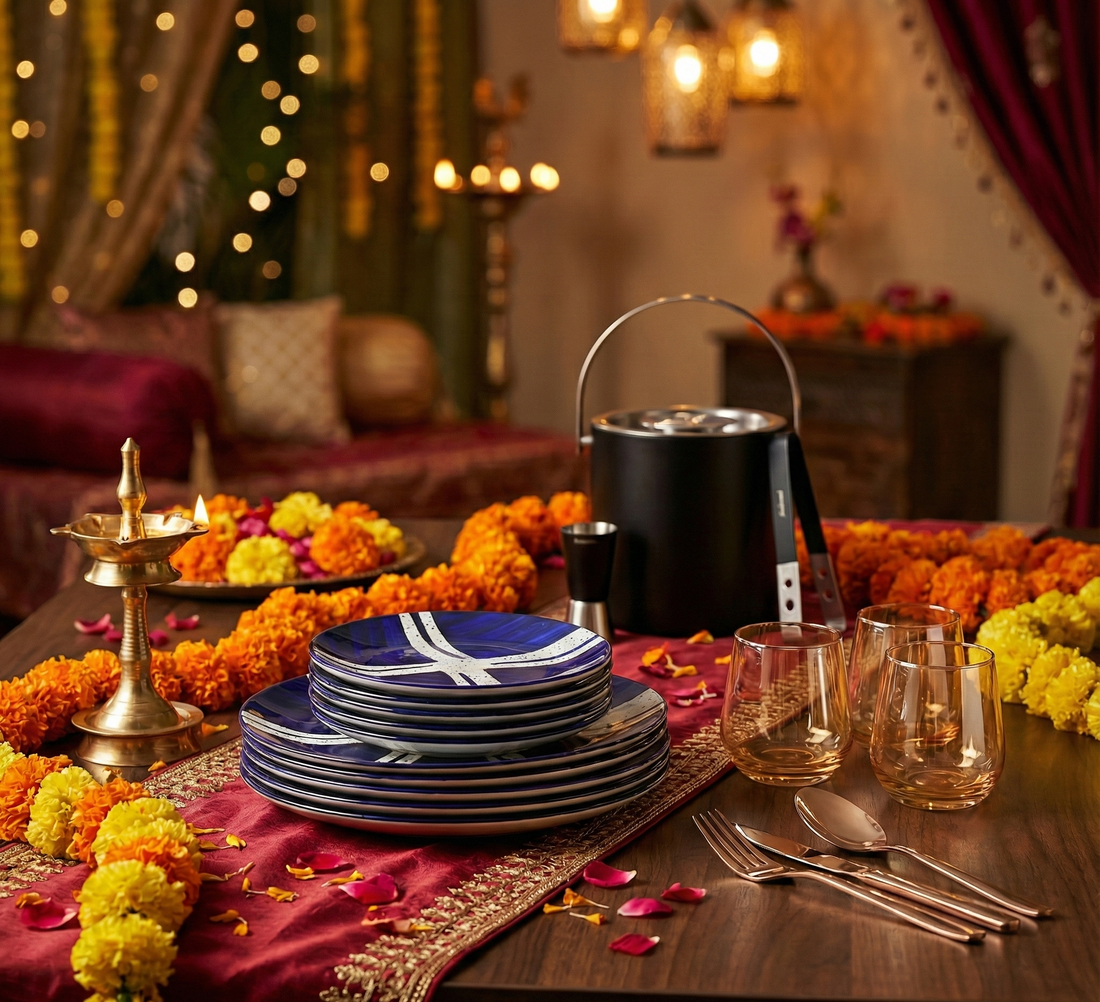 Lavish Indian wedding dinner table featuring Black Carrot Blue Splash Ceramic Dinner Set, Gold Whiskey Glasses, and Rose Gold Cutlery with marigold flowers.