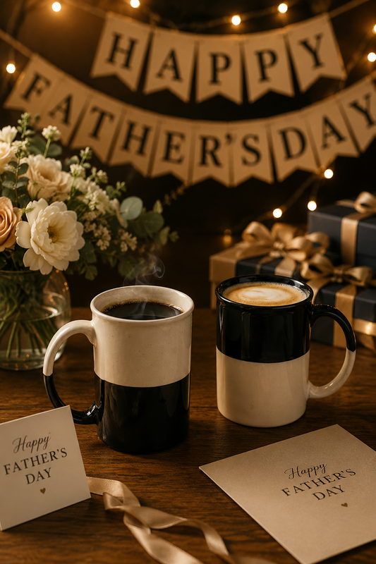 Black and white ceramic coffee mugs for Father’s Day gift celebration