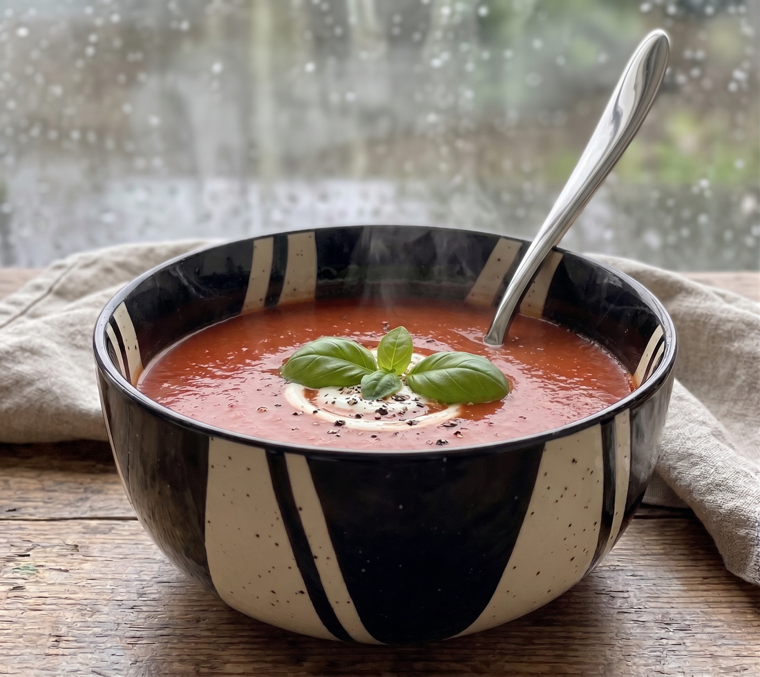 Steaming vegetarian tomato soup served in a black-and-cream ceramic Black Carrot bowl on a rainy monsoon day