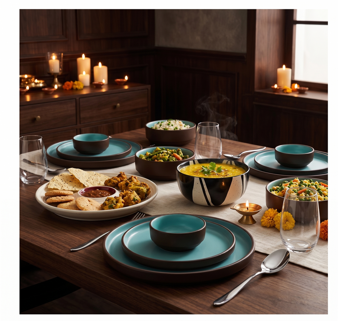 Brown and blue Black Carrot ceramic dinner set with serving bowl, platter, and glasses set for an August festival meal