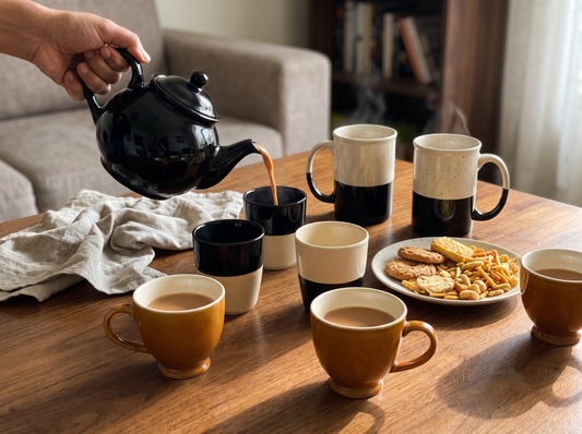 Black and white ceramic coffee mugs and a kulhad kettle set out for a Friendship Day chai session with friends