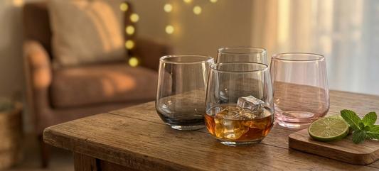 Pink and black whiskey glasses styled as a home bar setup on a wooden counter