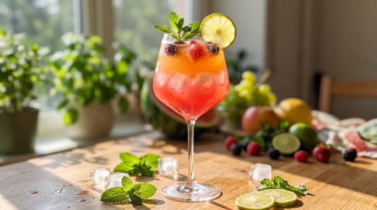 Refreshing seasonal mocktail served in a clear Black Carrot wine glass on a summer afternoon