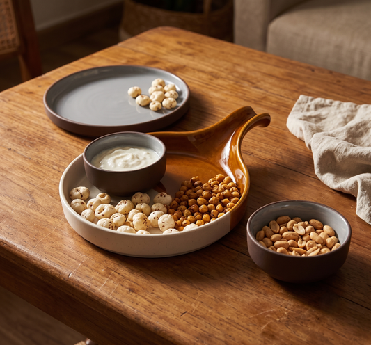 High protein vegetarian evening snacks served in brown stoneware Black Carrot bowls and a chip and dip platter