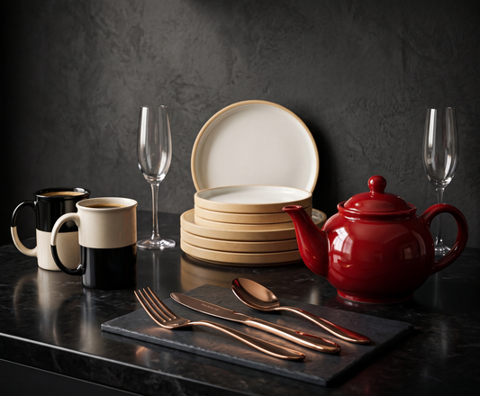 Curated open kitchen shelf styled with beige ceramic dinner set, clay kettle, mugs, and glassware from Black Carrot