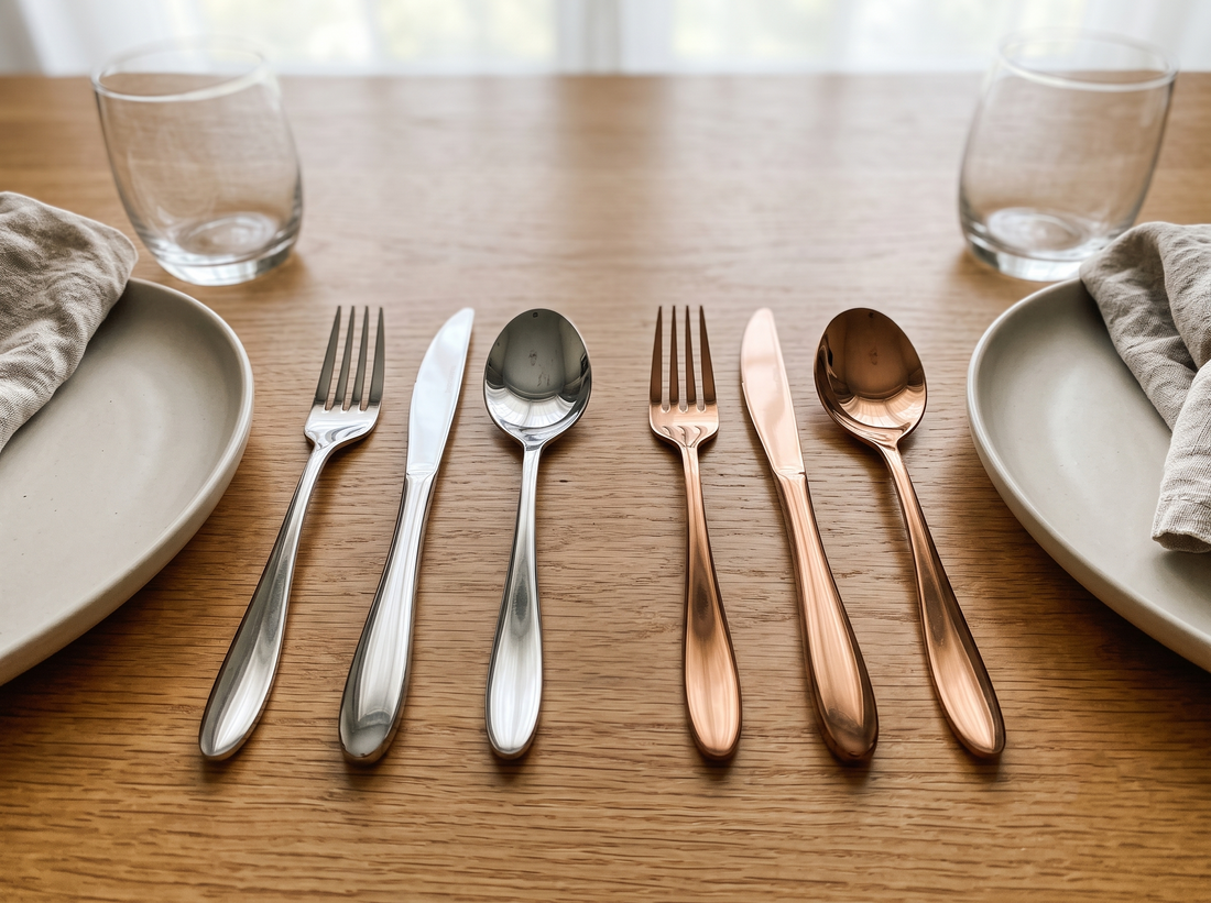 Black Carrot silver mirror finish and rose gold stainless steel cutlery sets arranged on a dining table