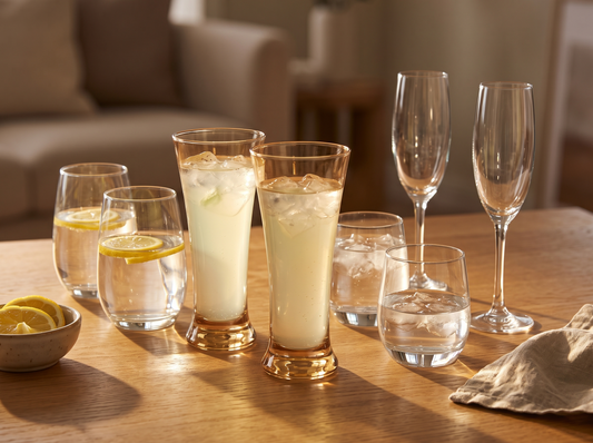 Black Carrot lead free glassware collection with water, whiskey, cocktail, and champagne glasses set for home entertaining