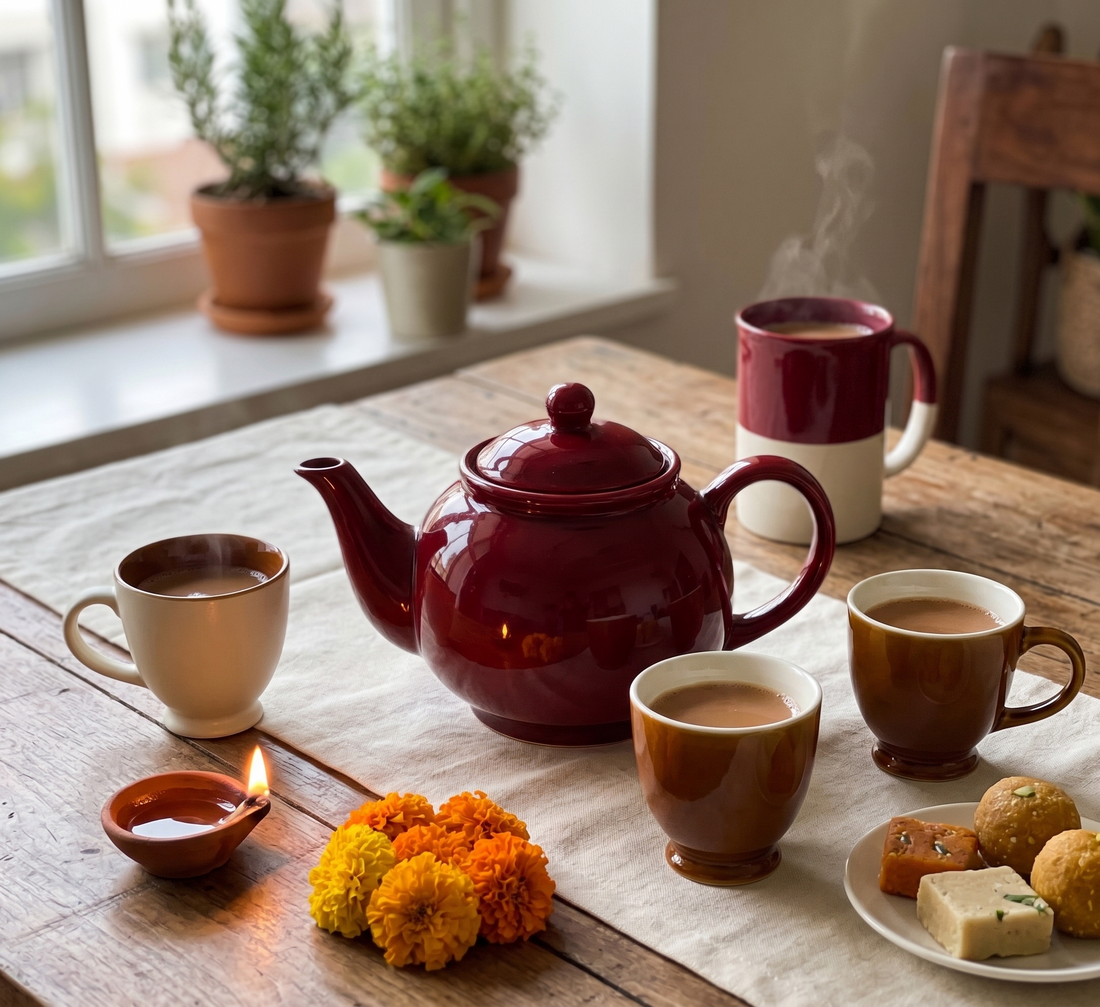 Red clay kettle with brown and white ceramic tea cups arranged as a thoughtful Guru Purnima gift set for teachers