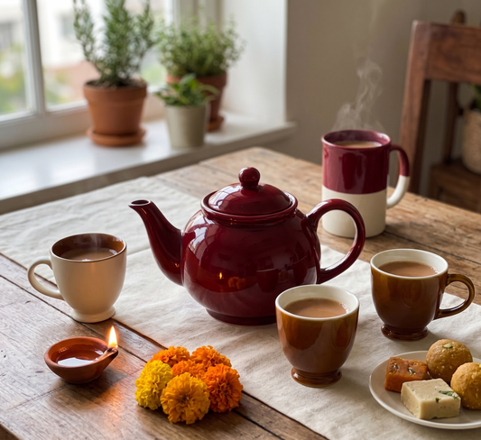 Red clay kettle with brown and white ceramic tea cups arranged as a thoughtful Guru Purnima gift set for teachers