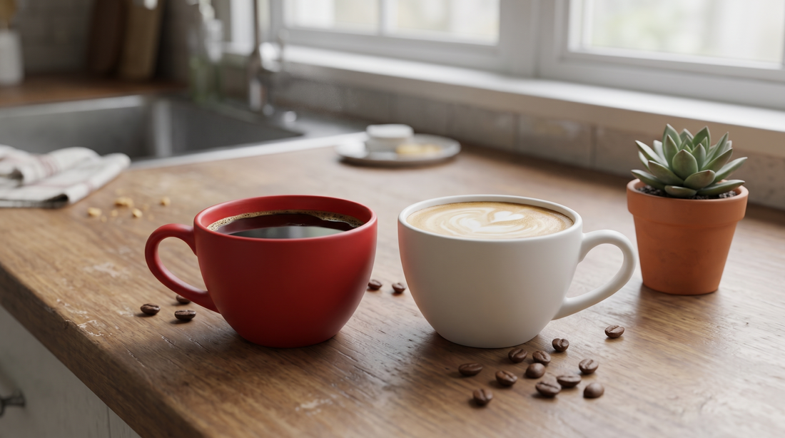 Red and white ceramic coffee mugs on a wooden counter in a cozy home coffee corner