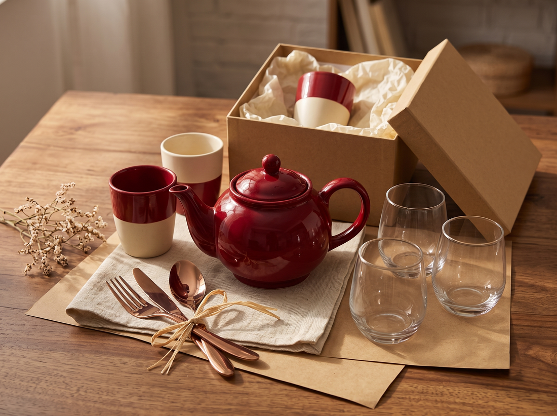 Black Carrot gift selection under 2000 with cutlery sets, glassware, and a kulhad kettle arranged as gifts