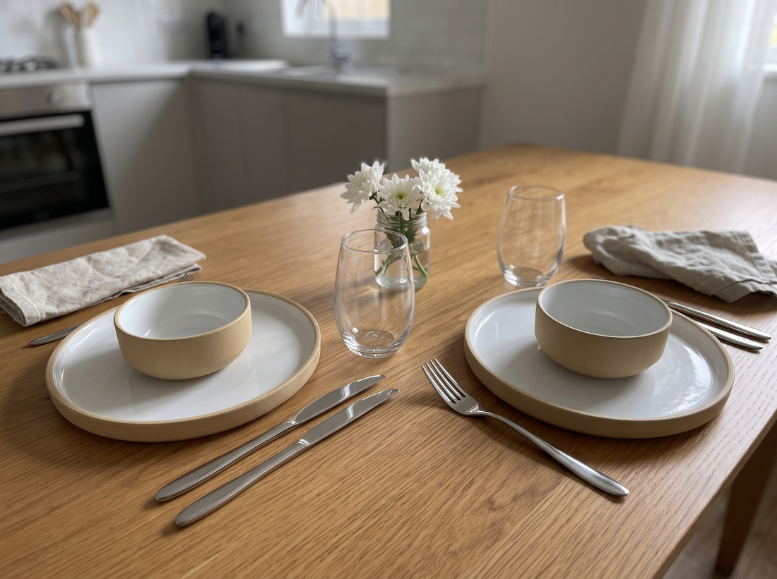 Beige and white Black Carrot ceramic dinner set with bowls, glasses, and cutlery arranged for a newly married couple's first home