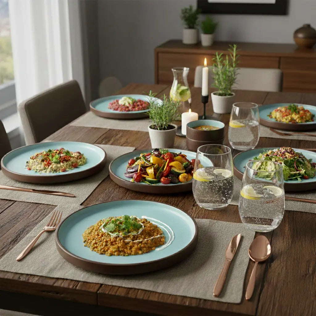 Black carrot Dinner set and glassware and cutlery