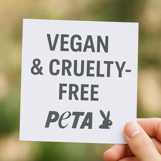Vegan and cruelty-free PETA message on a white card, promoting ethical living and sustainable home choices