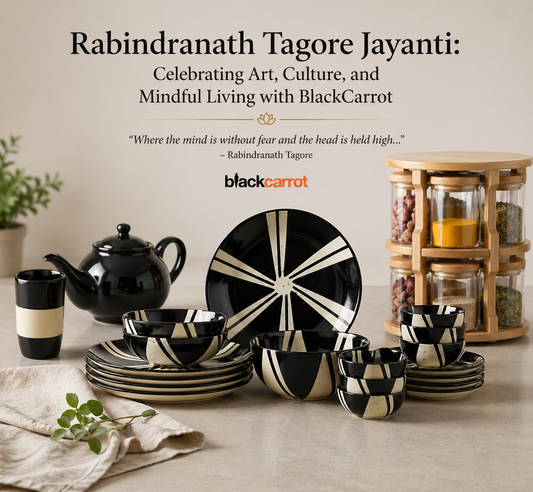 BlackCarrot ceramic dinnerware, drinkware and jars for Tagore Jayanti mindful dining