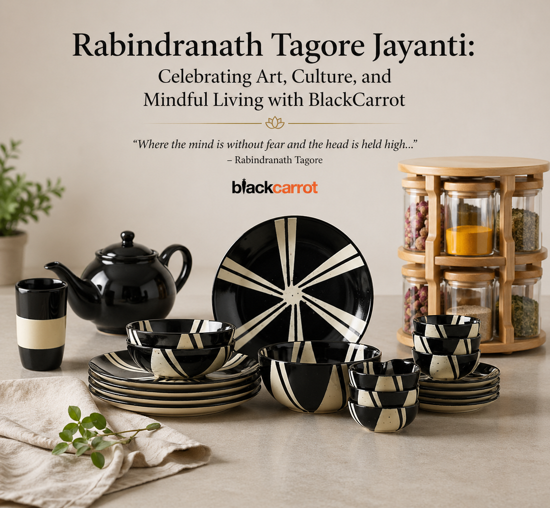 BlackCarrot ceramic dinnerware, drinkware and jars for Tagore Jayanti mindful dining