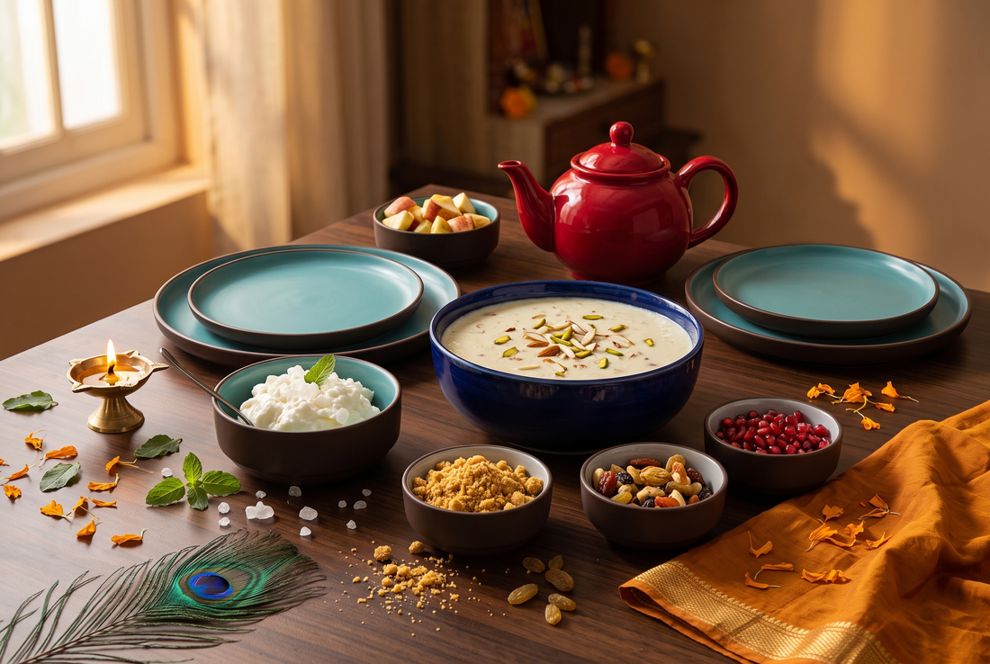 A Janmashtami table styled with a brown and blue Black Carrot dinner set, serving bowl, katoris, and a red teapot
