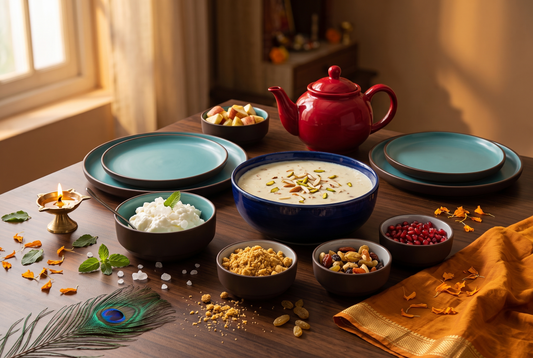 A Janmashtami table styled with a brown and blue Black Carrot dinner set, serving bowl, katoris, and a red teapot