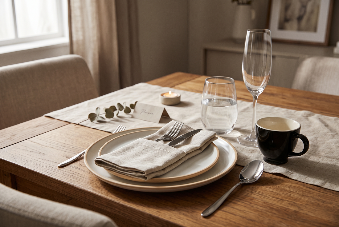 A styled Black Carrot place setting with a folded napkin, beige and white dinner set, glasses, and cutlery