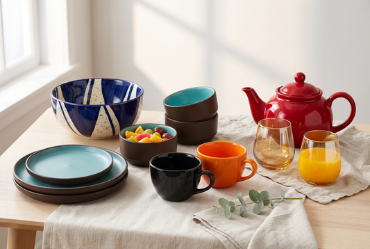 A colourful spread of Black Carrot pieces including a blue bowl, orange mugs, turquoise bowls, and a red teapot