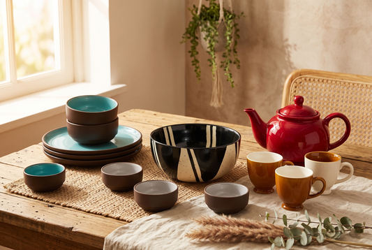 Earthy boho-style Black Carrot stoneware including brown katori bowls, a splash bowl, and a red teapot