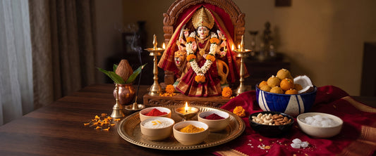 A decorated Navratri pooja thali with offerings arranged in Black Carrot small bowls and a serving bowl