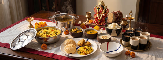 A Bengali Durga Pujo spread cooked in Black Carrot triply cookware and served on ceramic dinnerware