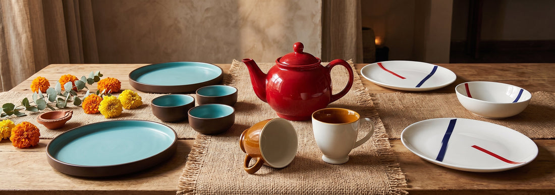 Black Carrot tableware styled to show regional Indian decor trends across dinner sets, tea cups, and a red teapot