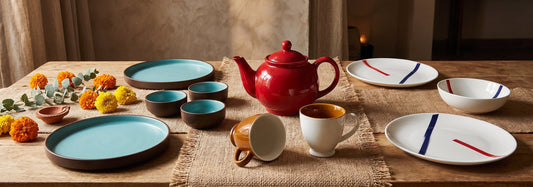 Black Carrot tableware styled to show regional Indian decor trends across dinner sets, tea cups, and a red teapot