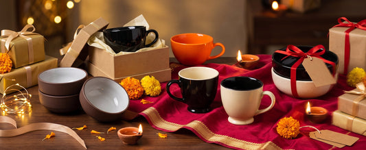 Affordable Black Carrot Diwali return gifts including tea cups, snack bowls, katoris, and mugs