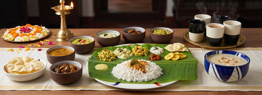 An Onam Sadya table set with a Black Carrot dinner set, katori bowls, and a serving bowl of payasam