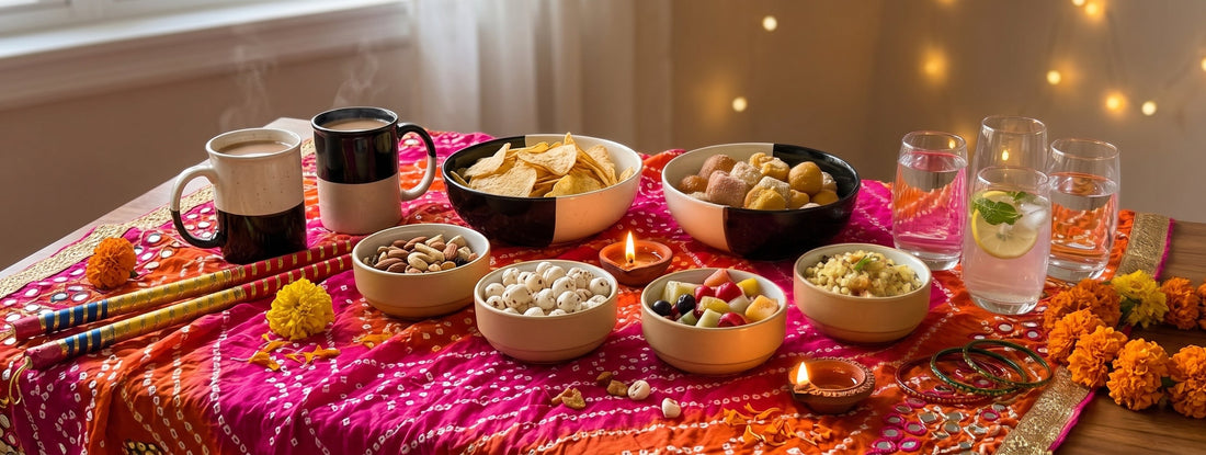 A Navratri hosting spread with vibrant Black Carrot snack bowls, water glasses, and mugs for garba nights