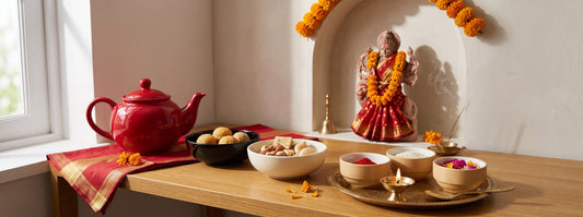 A styled Navratri puja corner with offerings in Black Carrot small bowls and a red teapot
