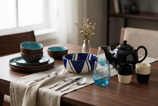 A collection of Black Carrot bestsellers including a brown and blue dinner set, serving bowl, glassware, mugs, and a kulhad kettle