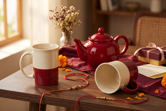 Red and white coffee mug set and a red clay kettle from Black Carrot arranged as thoughtful sibling gifts