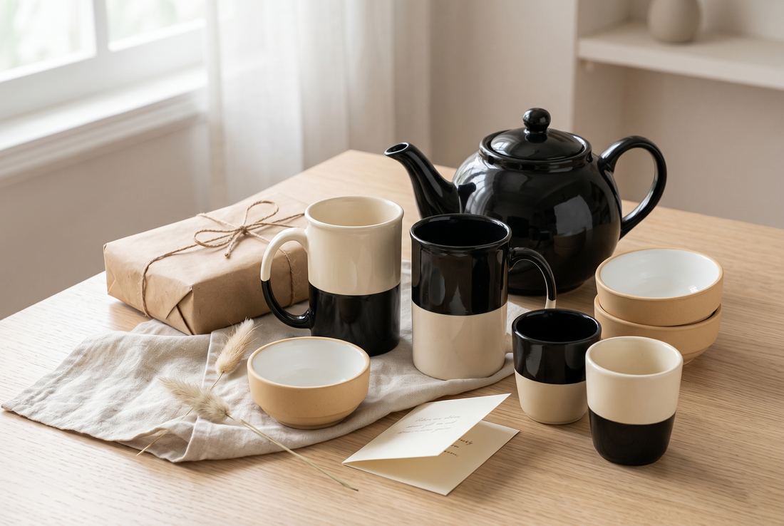 Black Carrot coffee mugs, tea cups, and a kulhad kettle arranged as understated thoughtful gifts