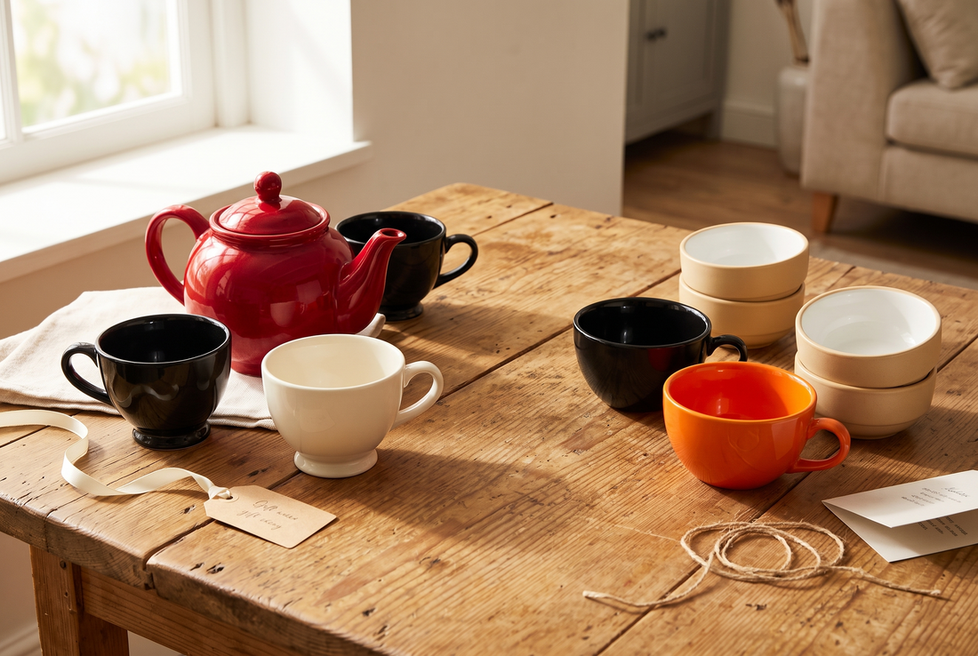 Black Carrot gifting combos with a clay kettle, tea cups, coffee mugs, and bowls paired together as gift sets