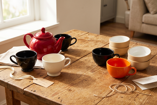 Black Carrot gifting combos with a clay kettle, tea cups, coffee mugs, and bowls paired together as gift sets