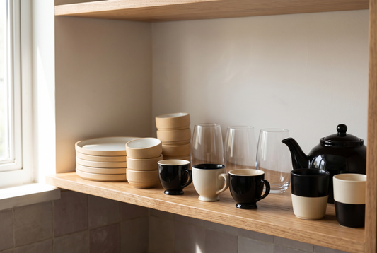 A neatly styled corner shelf with stacked beige and white Black Carrot dinnerware, tea cups, and a kulhad kettle