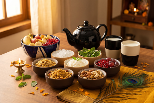 Janmashtami bhog thali with makhan mishri, panjiri, and kheer served in Black Carrot bowls and a kulhad set