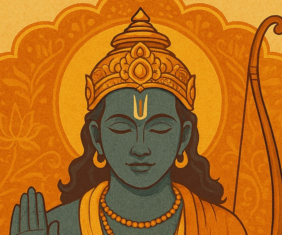 Illustration of Lord Ram in a traditional golden crown and orange robes, offering blessings with a raised hand, symbolizing peace and devotion for Ram Navami.