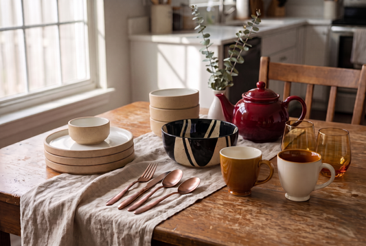 A curated flat-lay of Black Carrot bestsellers including a ceramic dinner set, serving bowl, glassware, mugs, and a clay kettle