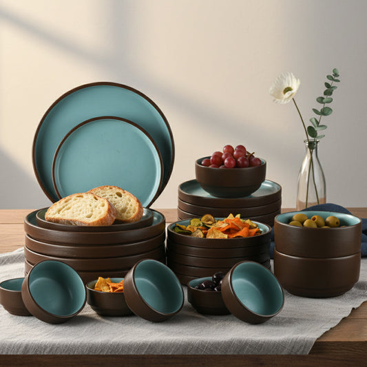 20 Piece Ceramic Dinner Set | Premium Brown and Turquoise BlackCarrot