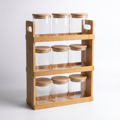 Black Carrot Spice Jar Stand with 9 Containers | Airtight Lead-Free Glass Jars