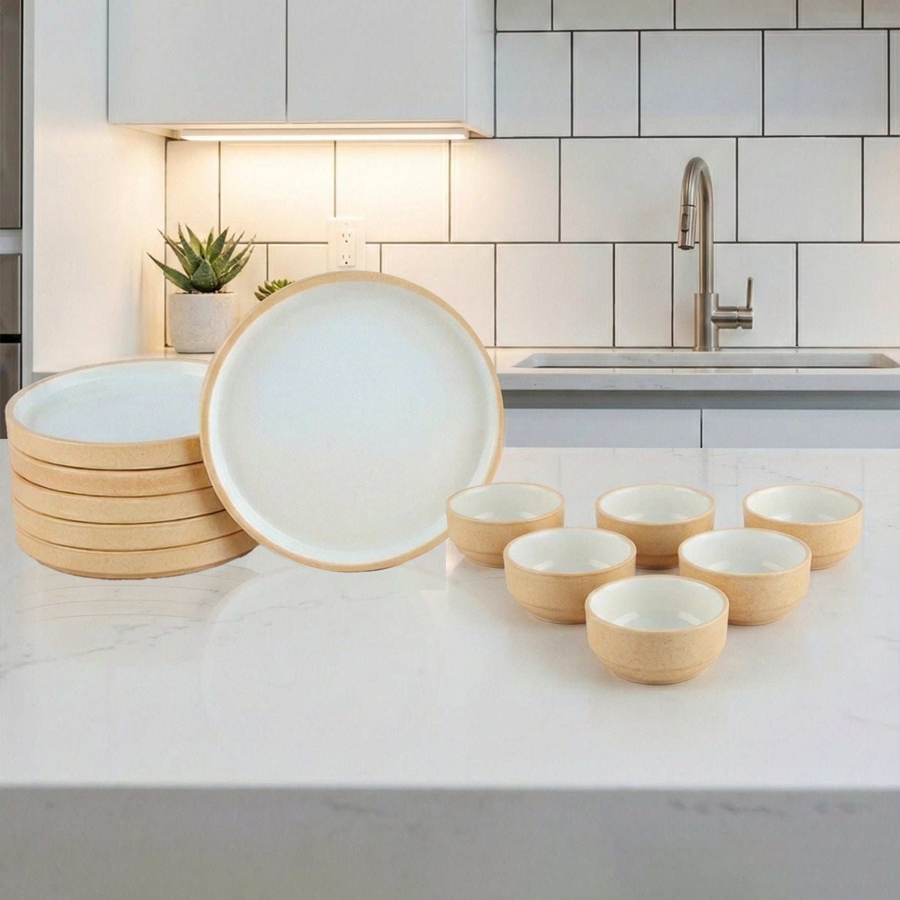 BlackCarrot Ceramic Dinner Set Beige and White 12 Piece Stoneware Crockery for Dining Table BlackCarrot