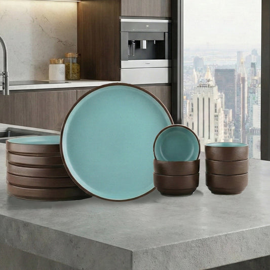 BlackCarrot Ceramic Dinner Set Brown and Blue 12 Piece Stoneware Crockery Set BlackCarrot