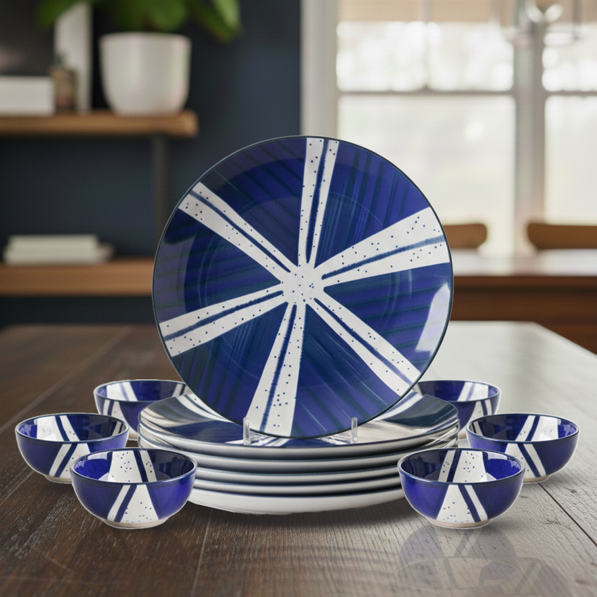 BlackCarrot Ceramic Dinner Set, Blue Splash Set of 12 Pieces | Stoneware Series | Crockery Set for Dining Table | Dining Sets Crockery Items | Glossy Finish | Premium Ceramic (Blue & White) Dinner Set BlackCarrot